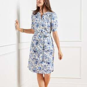 Talbots Plus Size Poplin Popover Shirtdress Whimsical Garden Blue 2X